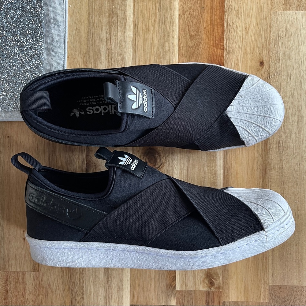 Black and White Adidas Superstar Slip On • Size 10